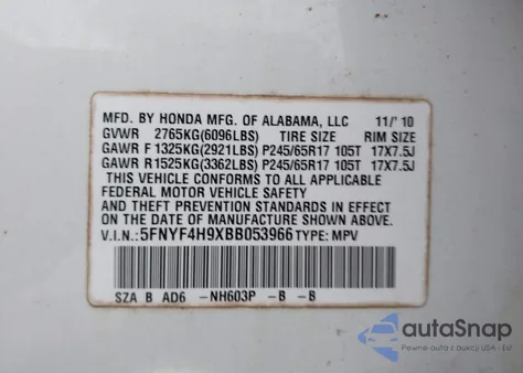 2011 Honda Pilot Touring from USA, damaged, VIN 5FNYF4H9XBB053966